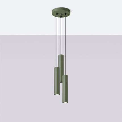 Suspension Long Cylindre 3 Lumières en Acier, Vert Olive, vue en situation