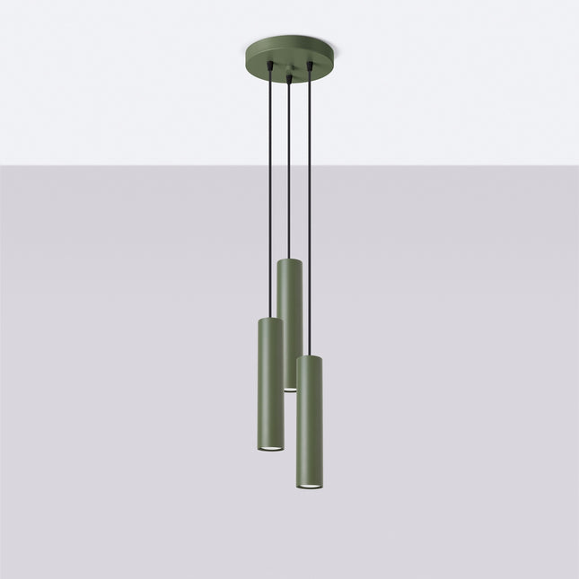 Suspension Long Cylindre 3 Lumières en Acier, Vert Olive, vue en situation