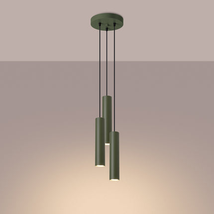 Suspension Long Cylindre 3 Lumières en Acier, Vert Olive, lumière allumée