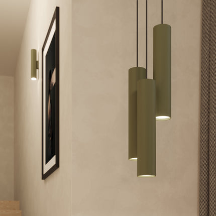 Suspension Long Cylindre 3 Lumières en Acier, Vert Olive, mise en situation 3