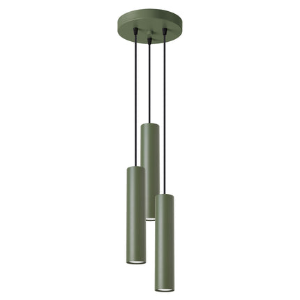 Suspension Long Cylindre 3 Lumières en Acier, Vert Olive, packshot sur fond blanc
