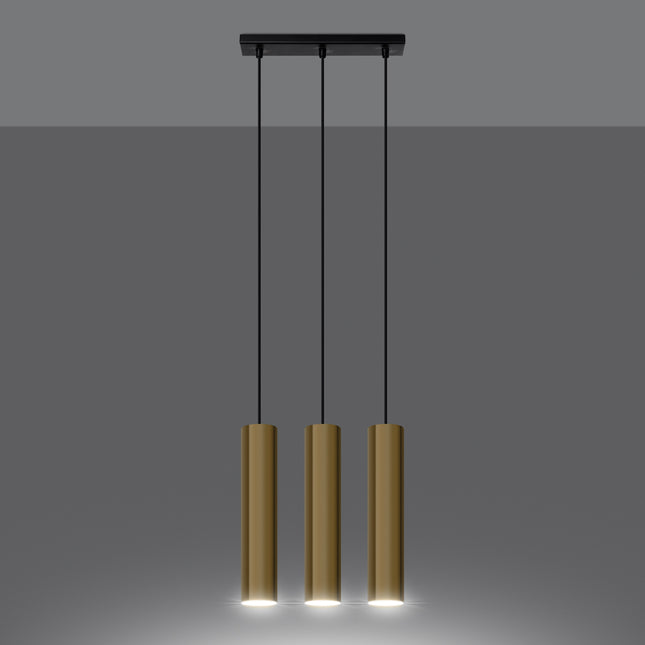 Suspension triple Long Cylindre or poli dans une cuisine ouverte