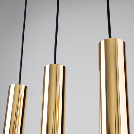 Suspension Long Cylindre 3 lumières or poli vue de profil