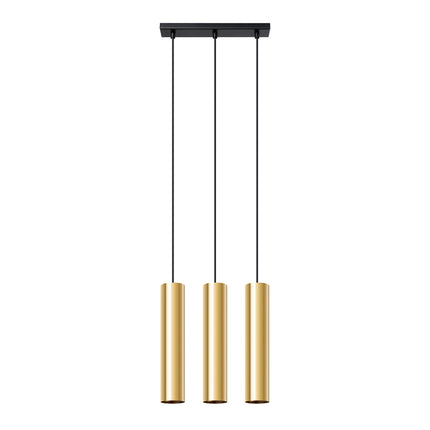 Suspension Long Cylindre 3 lumières en acier finition or poli sur fond blanc