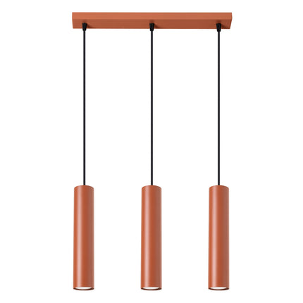 Suspension Long Cylindre 3 Rouge Ocre en Acier, packshot sur fond blanc
