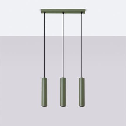 Suspension Long Cylindre 3 Vert Olive en Acier, vue en situation