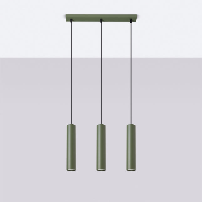 Suspension Long Cylindre 3 Vert Olive en Acier, vue en situation