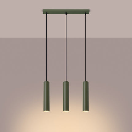 Suspension Long Cylindre 3 Vert Olive en Acier, lumière allumée