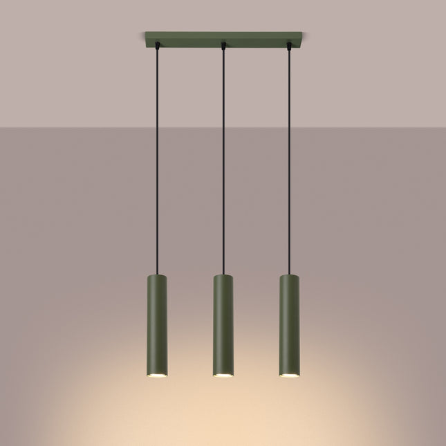 Suspension Long Cylindre 3 Vert Olive en Acier, lumière allumée