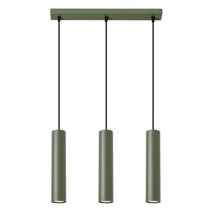 Suspension Long Cylindre 3 Vert Olive en Acier, packshot sur fond blanc