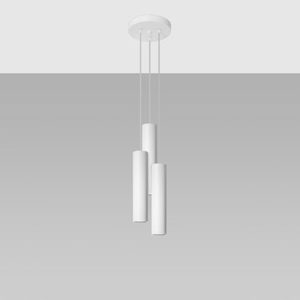 Suspension Long Cylindre 3P blanche fixée au plafond avec rosace ronde et câbles réglables