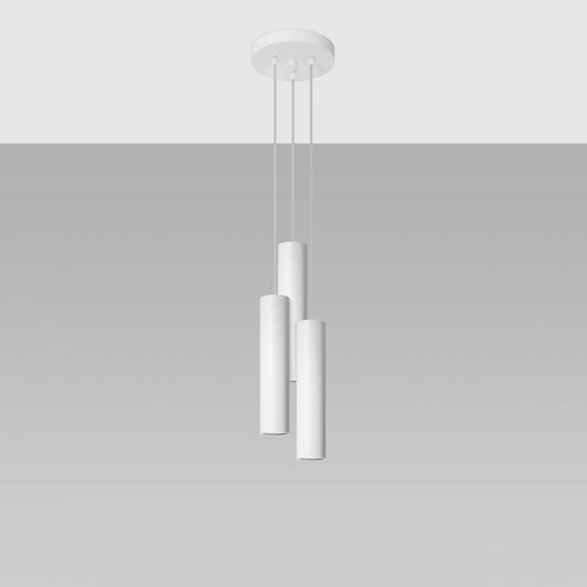 Suspension Long Cylindre 3P blanche fixée au plafond avec rosace ronde et câbles réglables