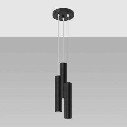 Suspension Long Cylindre 3P noire fixée au plafond avec rosace ronde et câbles réglables