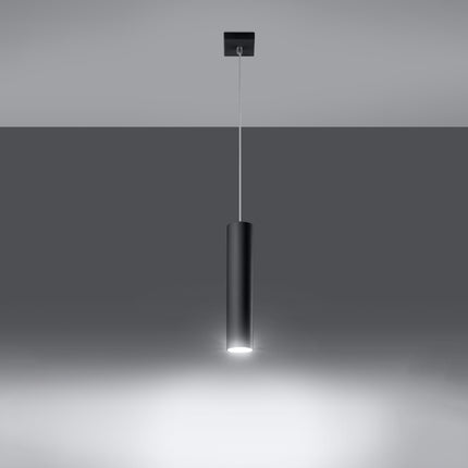 Suspension Long Cylindre noire en acier dans une salle à manger contemporaine