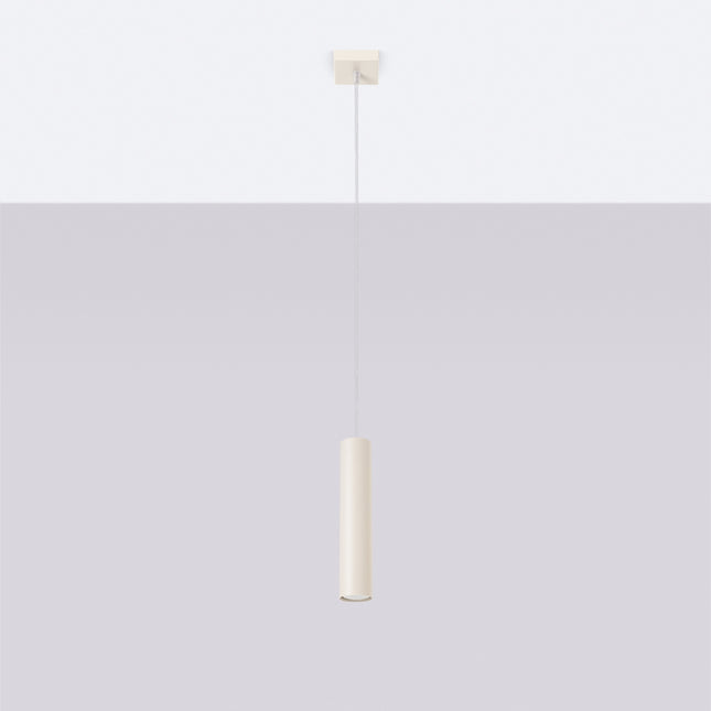 Suspension Long Cylindre Beige en Acier, vue en situation