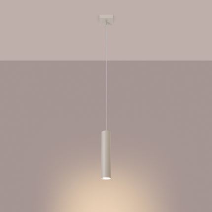 Suspension Long Cylindre Beige en Acier, lumière allumée