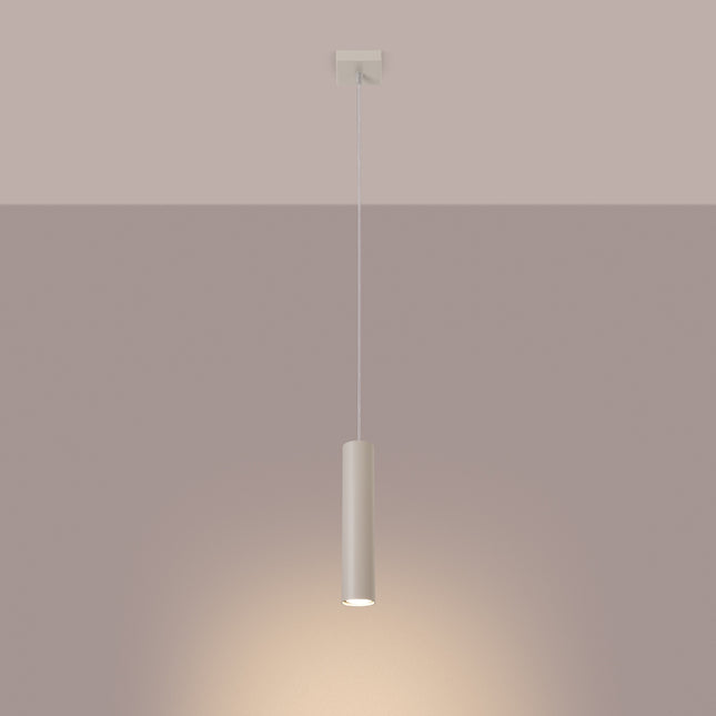 Suspension Long Cylindre Beige en Acier, lumière allumée