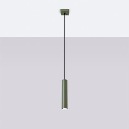 Suspension Long Cylindre Vert Olive en Acier, vue en situation