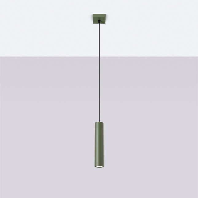 Suspension Long Cylindre Vert Olive en Acier, vue en situation