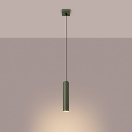 Suspension Long Cylindre Vert Olive en Acier, lumière allumée