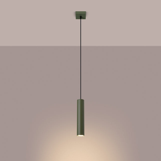 Suspension Long Cylindre Vert Olive en Acier, lumière allumée