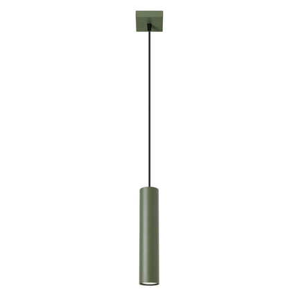Suspension Long Cylindre Vert Olive en Acier, packshot sur fond blanc