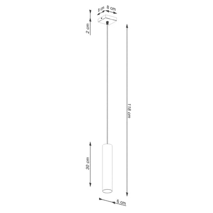 Suspension Long Cylindre Vert Olive en Acier, schéma de cotes