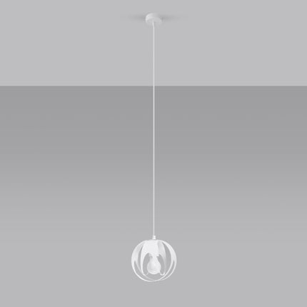 Vue de face de la suspension Lotus Moderne 1 blanc, ampoule visible au centre de la sphère