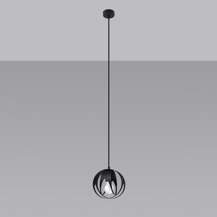 Vue de face de la suspension Lotus Moderne 1 noir, ampoule visible au centre de la sphère