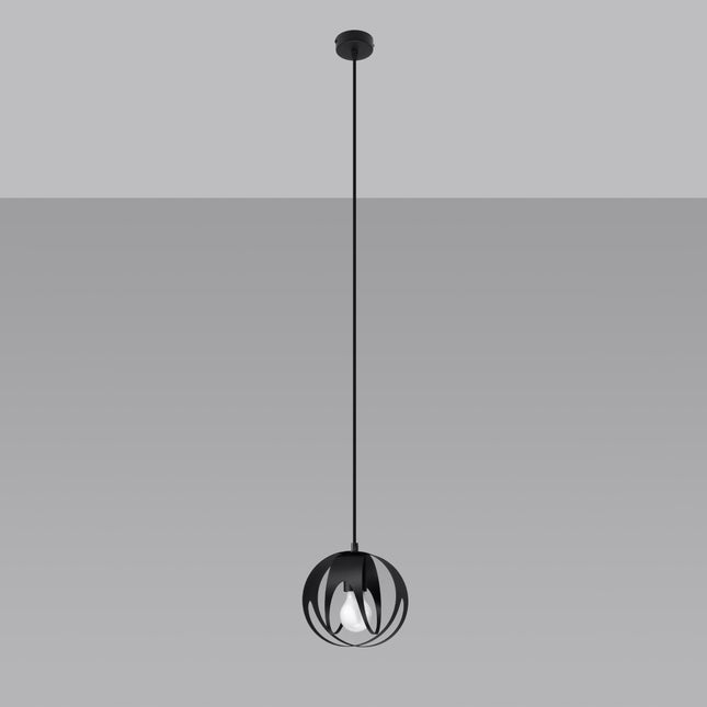 Vue de face de la suspension Lotus Moderne 1 noir, ampoule visible au centre de la sphère