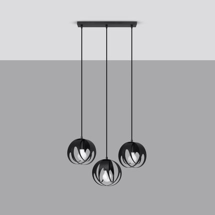 Vue de face de la suspension Lotus Moderne 3L noir à trois sphères alignées