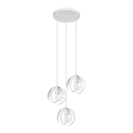 Suspension Lotus Moderne 3P blanc, trois sphères en rubans d'acier suspendues à une rosace ronde