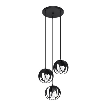 Suspension Lotus Moderne 3P noir, trois sphères en rubans d'acier suspendues à une rosace ronde