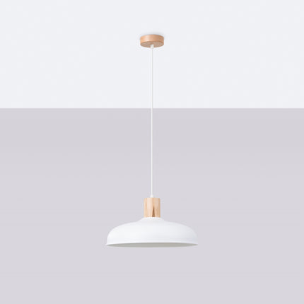 Suspension Luminis Minimaliste en acier blanche et bois naturel, vue de face sur fond neutre avec câble et abat-jour