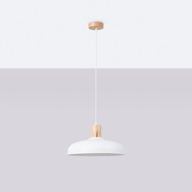 Suspension Luminis Minimaliste en acier blanche et bois naturel, vue de face sur fond neutre avec câble et abat-jour