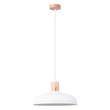 Suspension Luminis Minimaliste blanche, vue d'ensemble suspendue au plafond, câble et abat-jour visibles