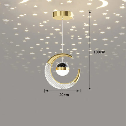 Schéma des dimensions de la suspension lune LED dorée, largeur 20 cm et longueur 100 cm