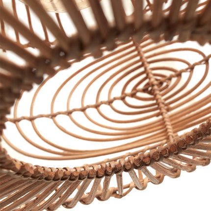 View from below of the braided rattan lampshade of the Madeira pendant light, handcrafted spiral effect