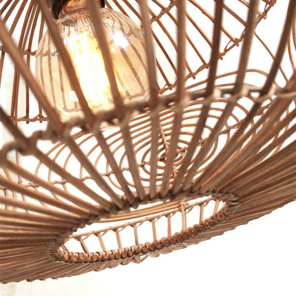 Close-up of the natural rattan weave of the Madeira pendant light and the visible decorative bulb