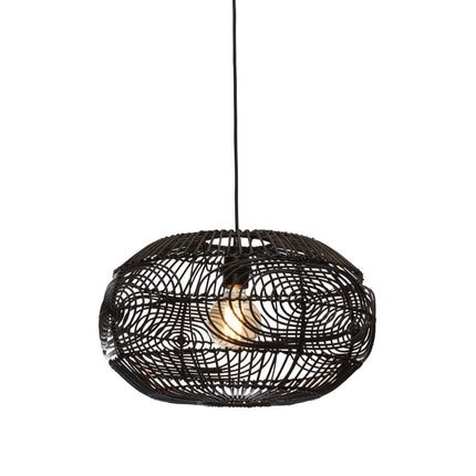 Pendant light Madeira in black braided rattan on a white background, shape round and openwork of 48 cm, product shot product