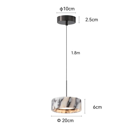 Schéma de cotes de la suspension en marbre : abat-jour de 20 cm, câble de 1,8 m, rosace de 10 cm