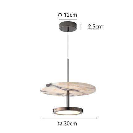Schéma des dimensions de la suspension en marbre, disque de 30 cm et rosace de 12 cm