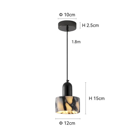 Schéma de cotes de la suspension en marbre veiné, abat-jour Ø 12 x H 15 cm et câble 1,8 m