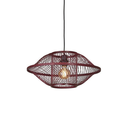 Suspension Maui en bambou tressé bordeaux, packshot complet sur fond blanc avec câble textile noir
