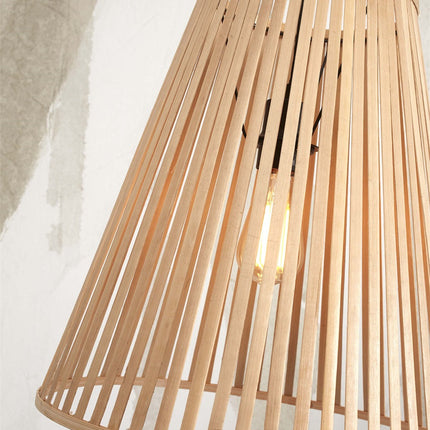 Pendant light Merapi lit, light warm filtering through the braiding in natural bamboo
