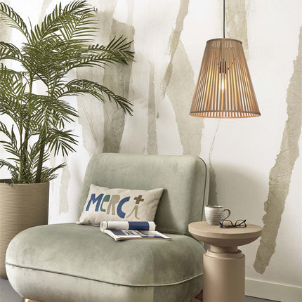 View from below of the Merapi natural bamboo pendant light, E27 bulb visible at the center
