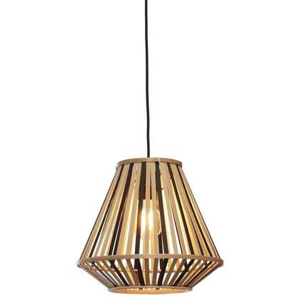 Suspension Merapi en bambou tressé noir et naturel, abat-jour diamant, présentée sur fond blanc avec câble textile noir.