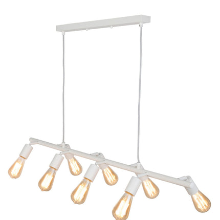 Suspension Miami blanche vue de profil, huit douilles E27 avec ampoules à filament
