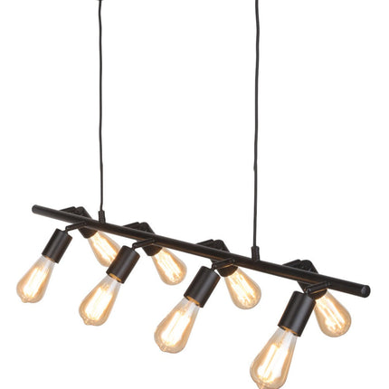 Suspension Miami noire vue de trois quarts sur fond blanc, rampe et huit douilles avec ampoules