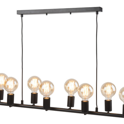 Suspension Miami noire de face sur fond blanc, huit ampoules E27 allumées sur la rampe en fer
